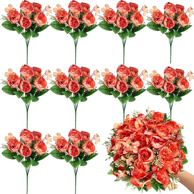 12 Bundles Peonies Artificial Flowers Fake Peony Bouquet Faux Peonies Flowers Bulk with Stems Flower Balls for Centerpiece Table Decorations Wedding Bridal Floral Arrangement (Orange)