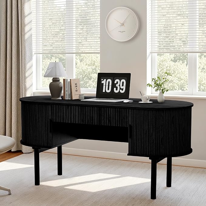 Executive Office Desk with Storage, 63 Inch Large Computer Workstation Desk with Drawer and File Cabinets, Mid Century Modern Fluted Wood Writing Desk for Home Office, Study Room, Living Room, Black