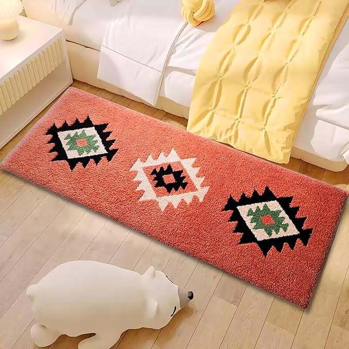 Bohemian Bathroom Rug Runner 60x24 Inch Long Bath Mat for Bathroom Tub Bedroom Kitchen Laundry Room Hallway, Fluffy Soft Bohemian Carpet Runner, Home Decor Rug, Coral