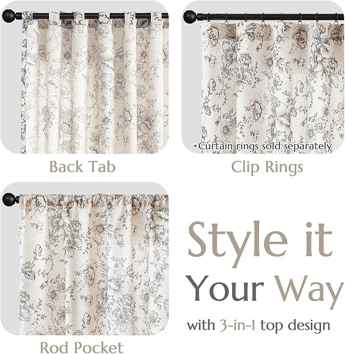 jinchan Linen Blend Curtain Floral Curtains for Living Room 108 Inch Length Black Printed Curtain Rod Pocket Back Tab Farmhouse Peony Flower Patterned Drapes Bedroom Window Curtains Set 2 Panels