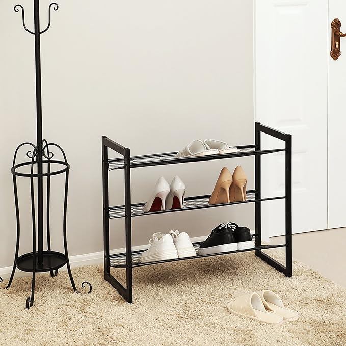 SONGMICS Shoe Rack, 3-Tier Shoe Organizer, Metal Shoe Storage for Garage, Stackable Shoe Shelf, with Adjustable Flat or Angled Shelves, 9-12 Pairs, Ink Black ULMR03B