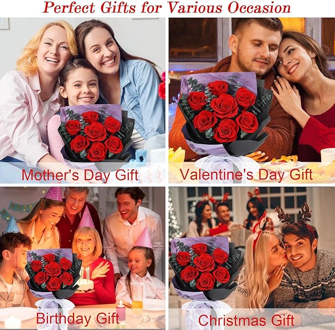 Preserved Flowers Bouquets 7 Roses, Long-Lasting Flower with Gift Box, Real Forever Flower Gifts for Delivery Women Wife Mom Friend on Anniversary Birthday Wedding (Red Roses)