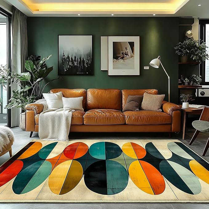 7x11 Geometric Rug, Mid Century Modern Rug for Living Room, Colorful Geometric Rugs, Mid Century Rugs, Abstract Carpet, Non-Slip Washable Carpet, Abstract Bedroom Kitchen