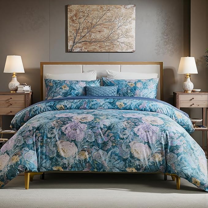 100% Cotton Duvet Cover Queen Size – Navy Blue Watercolor Floral Duvet Cover Set with Zipper Closure & Corner Ties, 3-Piece Silky Soft & Breathable Bedding Set for All Seasons