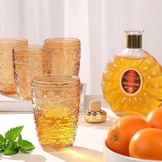 abrwyy Drinking Glasses Set of 6, Amber Glassware, Amber Drinking Glasses, Kitchen Glasses, 14oz Water Glasses, Colored Glasses Drinking Set for Home Dinner Party Wedding