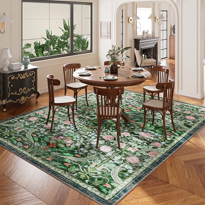 AMTOVO 6x9 Washable Area Rugs for Living Room, Non-Slip Large Soft Boho Floral Vintage Accent Print Carpet for Bedroom Dorm Nursery Room Dining Room Farmhouse Home Office, Dark Green