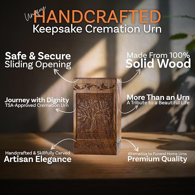 INTAJ Tree of Life Wooden Urn for Human Ashes, 20lbs Capacity, Suitable for Burial for Men, Women, Mom, Dad - Mini Rosewood Keepsake Cremation Urn for Ashes Handcrafted