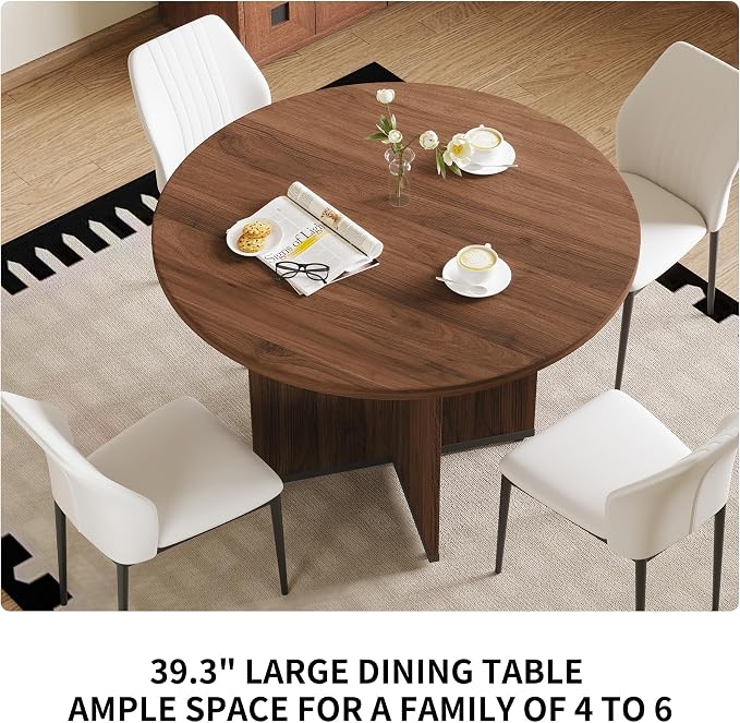 HIPIHOM Modern Round Dining Table Set for 2, 39.4" Walnut Kitchen Table with 2 PU Leather Chairs, 3-Piece Mid-Century Dining Room Set for Small Spaces, Pedestal Base & Ergonomic Padded Chairs