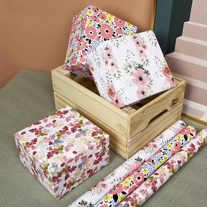 MAYPLUSS Floral Wrapping Paper Roll - 17x120 Inch, 3 Rolls - Multi-purpose, Perfect for Gift Wrap, Wedding, Birthday, Mother's Day