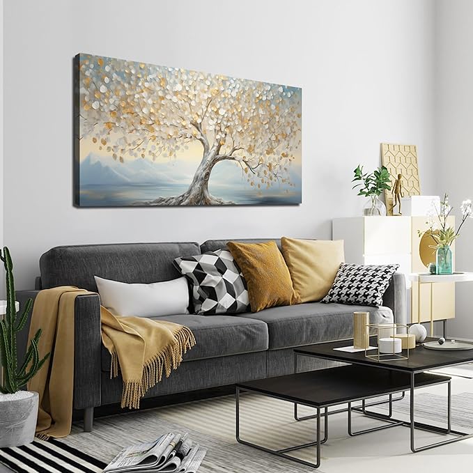 JuhaiArt Tree Canvas Art White Wall Decorations Light Blue Wall Picture for Living Room Bedroom Home Office Gold Artwork Art 24" x 48"