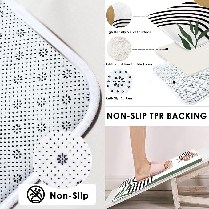 Boho Mid Century Shower Curtain Set with Toilet Lid Cover and Non-Slip Rugs, Abstract Green 4 Pcs Modern Minimalist Shower Curtain for Bathroom Set with 12 Hooks