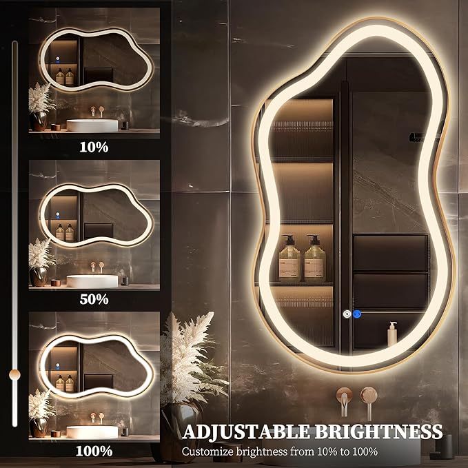 Irregular LED Bathroom Mirror with Lights, Cloud Smart Backlit Mirror, Dimmable Lighted Bathroom Gold Mirror with Anti-Fog, Asymmetrical Vanity Mirror Hangable 2 Ways (Gold, 24 x 36, 1 Pack)