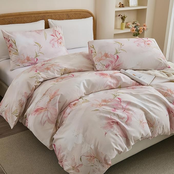 100% Cotton Duvet Cover King Size – Elegant Blush Lily Pink Floral Duvet Cover Set with Zipper Closure, 3-Piece Soft Breathable Natural Cotton Bedding Set for All Seasons