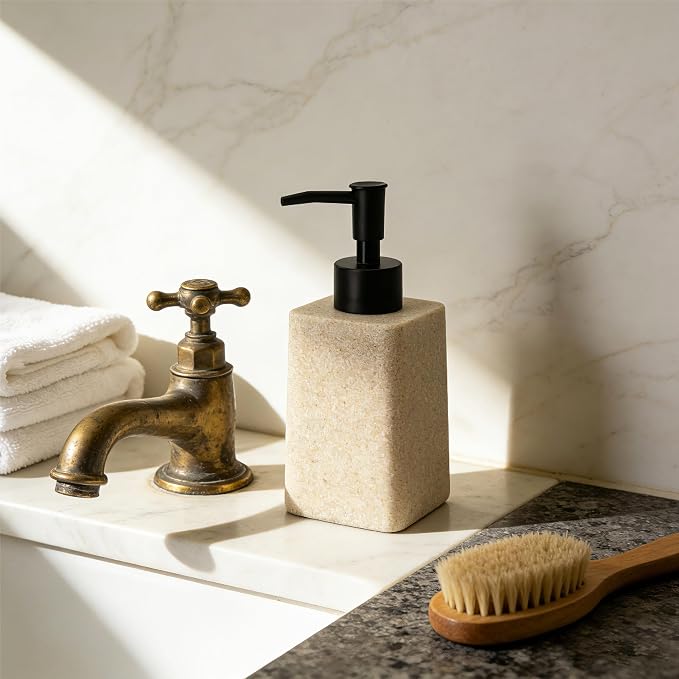 Bathroom & Kitchen Countertop Soap Dispenser, Modern Sandstone-Look Resin Bottle with ABS Pump, Durable Shatter-Resistant 8.5 oz Dispenser (Beige)