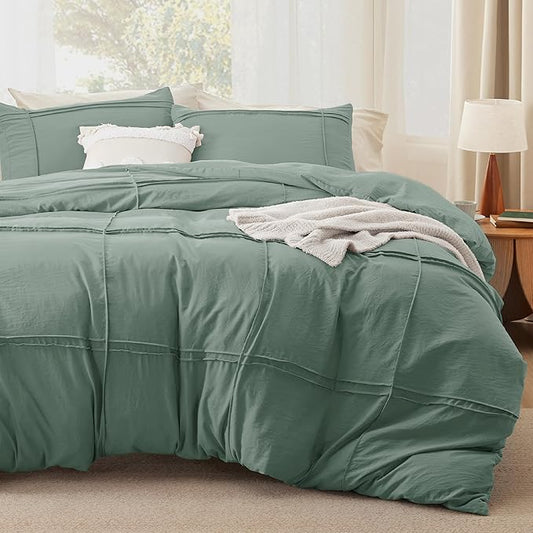 Bedsure Grid Boho Duvet Cover King Size - Shabby Chic Tufted Boho Bedding Set, 3 Pieces Shabby Chic Home Bedding for All Seasons, Includes 1 King Duvet Cover & 2 Pillowcases (Green, 104" x 90")