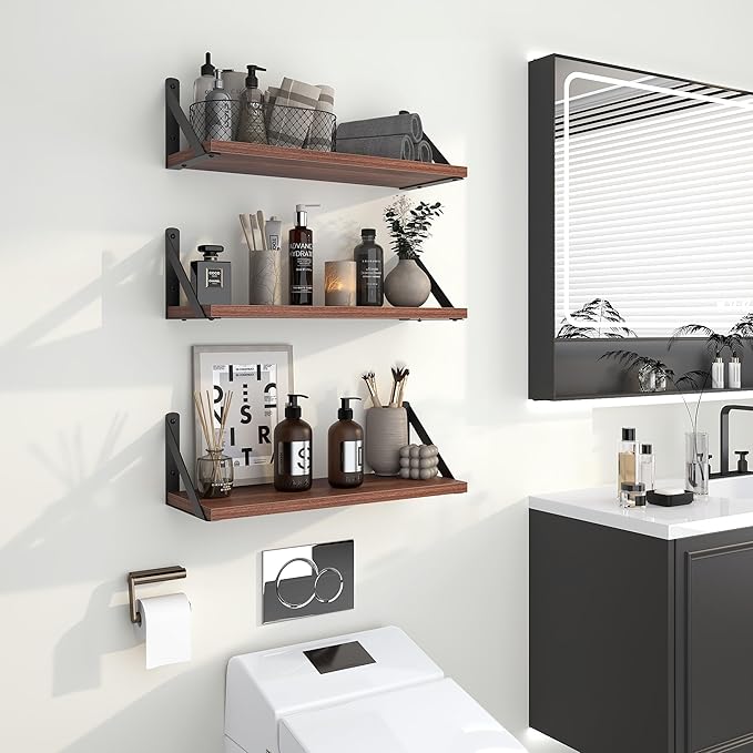 Heimlove Floating Shelves for Wall, 16 Inch Long Wood Floating Shelves Set of 3, Wall Mounted Hanging Shelf for Bathroom Bedroom Kitchen, Walnut