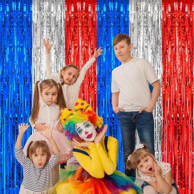 2 Pack 3.2 x 8.2 ft Red White and Blue Foil Fringe Backdrop Curtain, Streamer Backdrop Tinsel Curtains Photo Booth Props for Graduation Birthday Memo