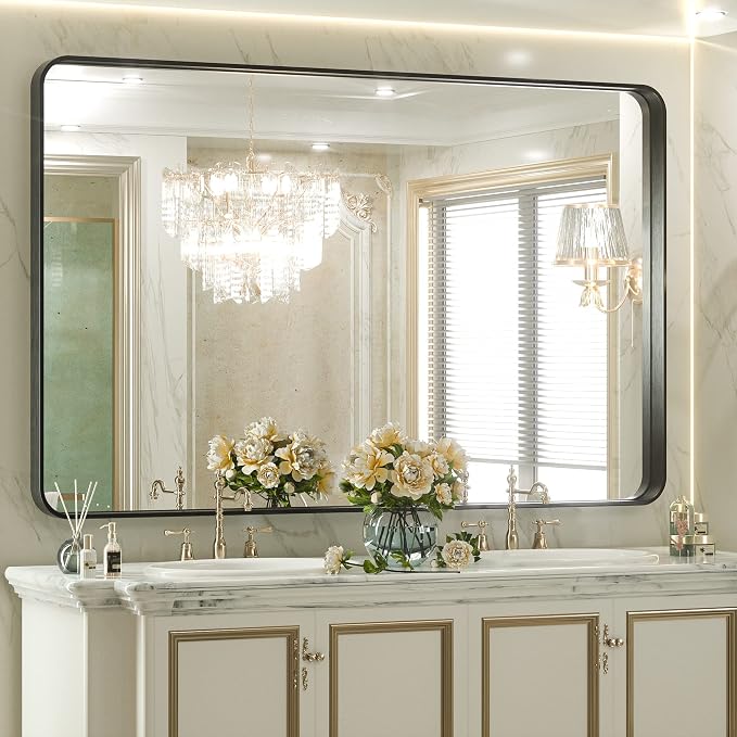 TETOTE Black Bathroom Mirror, 55 x 36 Inch Matte Metal Frame Modern Farmhouse Decor Rectangular Large Entryway Vanity Wall Mounted Mirror (Horizontal/Vertical)