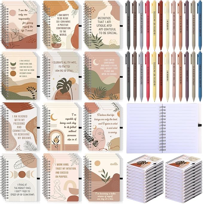 Kosiz 96 Pcs/48 Set Positive Affirmation Gifts Gratitude Spiral Notebooks with Pens Motivational Encouragement Notepads Daily Affirmations Journal for Women Valentine Galentine Gifts (Rainbow)