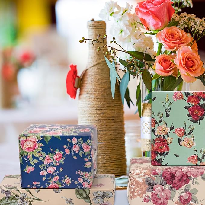 Whaline 12 Sheet Floral Wrapping Paper Vintage Flower Gift Wrap Paper Retro Decorative Art paper for Spring Wedding Baby Shower Birthday DIY Crafts Gift Packing, 19.7 x 27.6 Inch, Folded Flat