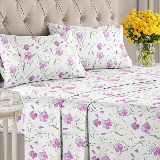 Floral Sheets - Pink Floral Bed Sheet Set - 1 Flat, 1 Fitted & 2 Pillowcases w/ Deep Pockets - Comfy, Wrinkle & Fade Free - Boho Botanical Bedding - Soft, Breathable and Cooling - Cal King Size Set
