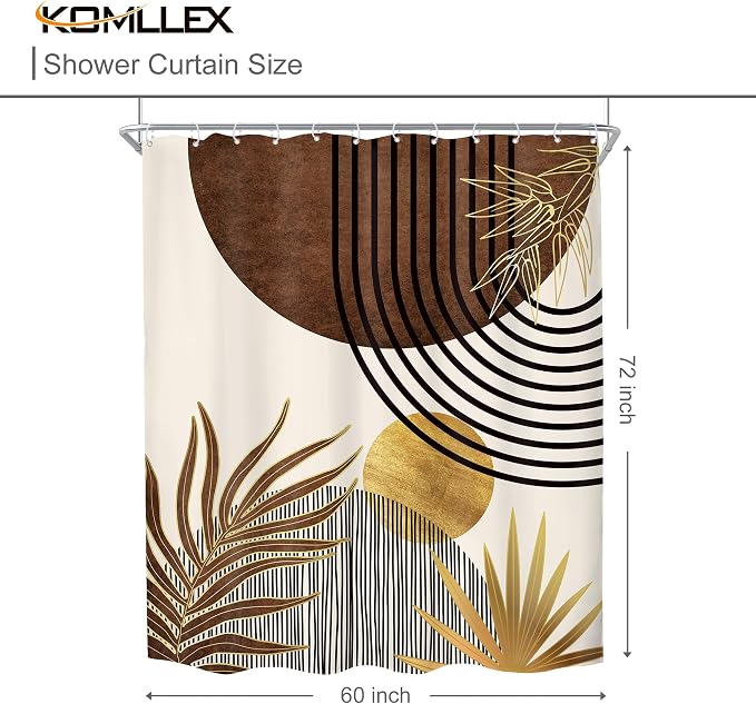 KOMLLEX Mid Century Boho Shower Curtain for Bathroom Decor 60Wx72H Inches Abstract Modern Sun Minimalist Arch Golden Leaves Art Line Geometric Aesthetic Fabric Waterproof Polyester 12 Pack Hooks
