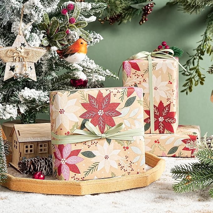 RUSPEPA Kraft Christmas Poinsettia Wrapping Paper Roll, Mini Roll, Red & Pink Floral with Greenery Design, Kraft Holiday Gift Wrap for Women, Family, Rustic Xmas Gifts, 17 Inches x 16.4 Feet