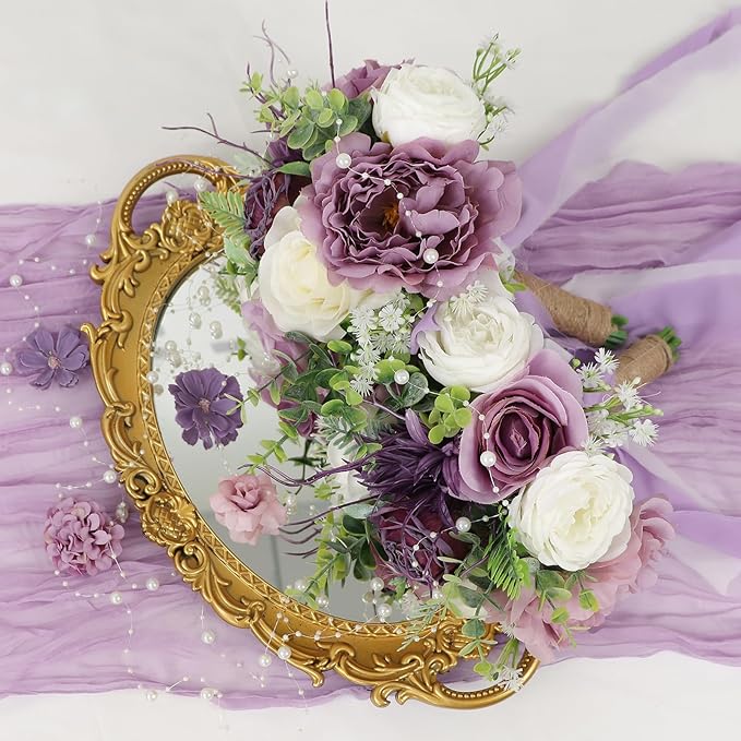 Bridesmaid Bouquets for Wedding 1 Pack - 9 Inch Artificial Flowers Bouquets for Ceremony Anniversary Centerpieces Decorations - Dusty Purple