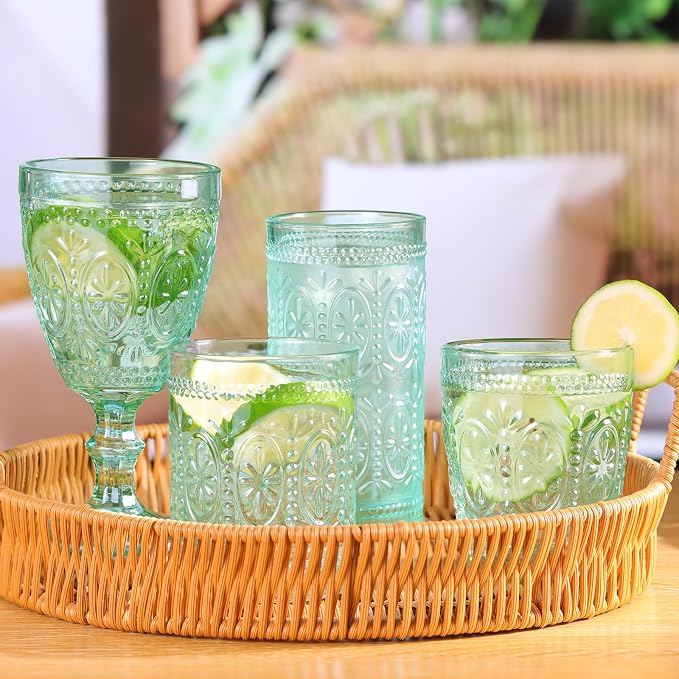 abrwyy Green Drinking Glasses Set of 4, Vintage Drinking Glasses, Colored Glassware Drinking, Highball Beverage Glasses Cup, Vintage Glassware Set for Water, Juice, Cocktail, Coffee