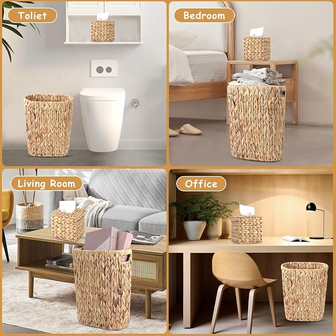Bathroom Accessory Set, 10 Pieces Bath Set- Wicker Trash Can Tissue Box Soap Dish Toothbrush Holder Rinse Cup Lotion Bottle Toilet Brush Qtip Holder - Practical Bathroom Decor Sets (Rattan Black)