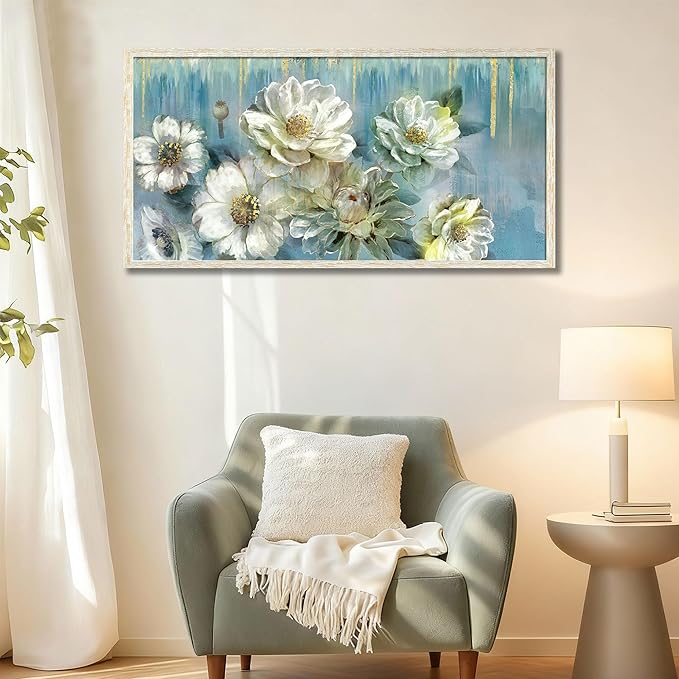 Ardemy Teal Canvas Wall Art Large Framed Magnolia White Floral Pictures Wall Decor Textured Painting Flowers Turquoise Artwork for Living Room Bedroom Dining Room Home Office, 40"x20"