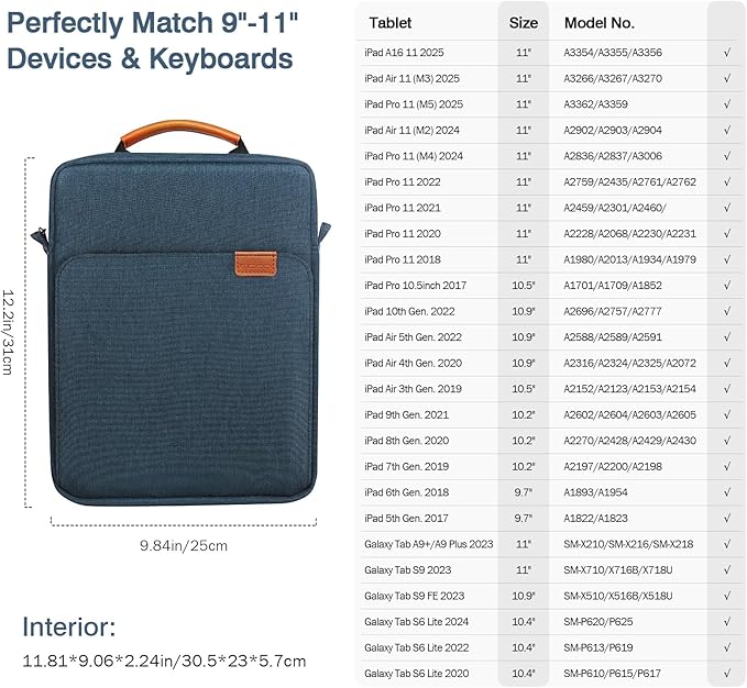 MoKo 9-11 Inch Tablet Sleeve Bag Handle Carrying Case with Shoulder Strap Fits 11inch iPad Air M3, iPad A16 2025, Pro 11 inch, iPad 10/9/8/7th Gen, Tab S8/S9 11", Indigo