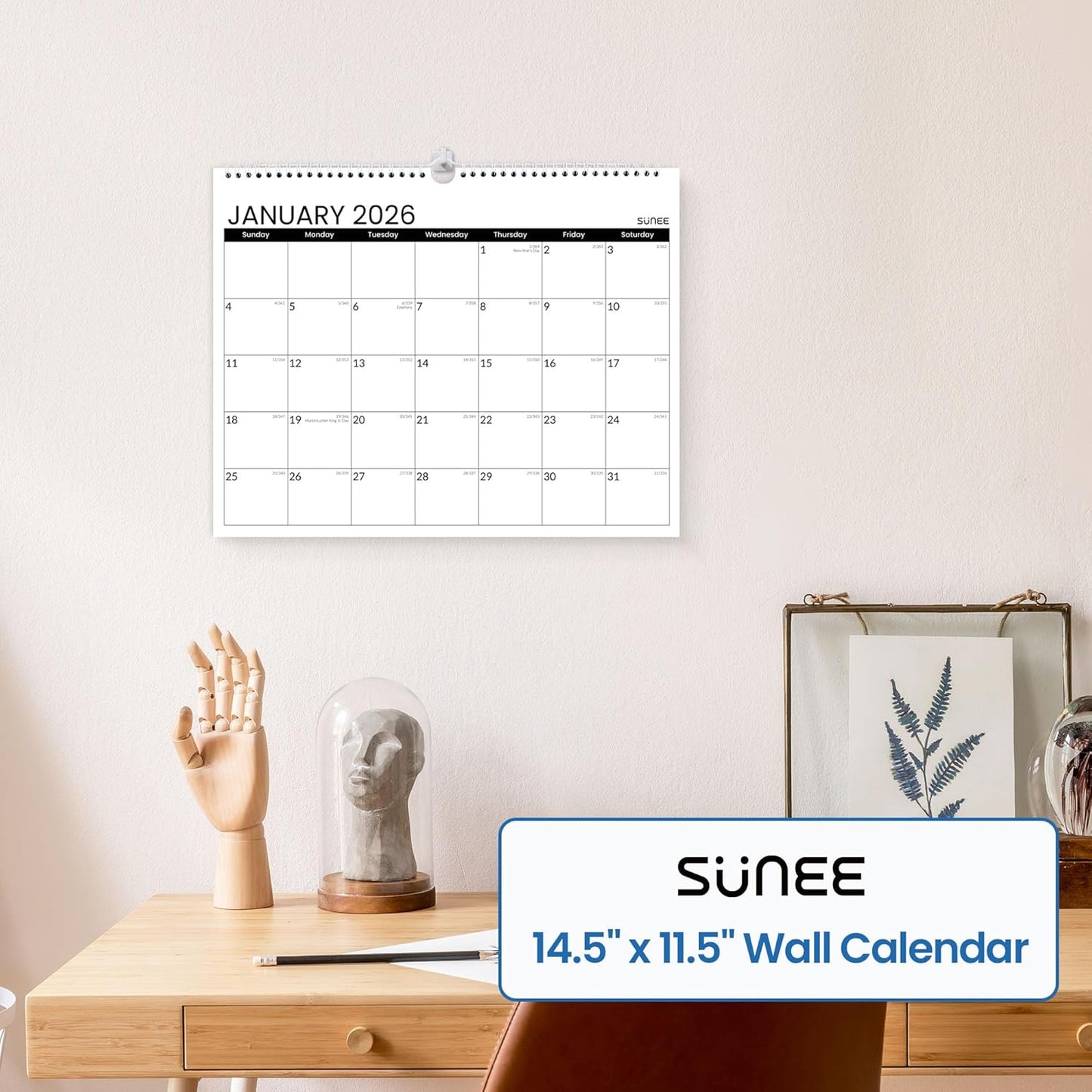 SUNEE 2026 Wall Calendar - 18 Months Big Grid Organizer | Thick Paper, 14.5"x11.5", Black
