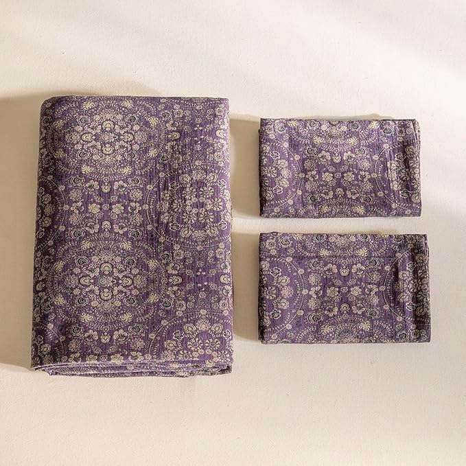 Purple Green Floral Duvet Cover Twin XL Premium Yarn-Dyed Linen Cotton Comforter Cover Boho Jacquard Design Bedding Set Botanical Floral Vintage Duvet Cover Reversible Green Flower Bedding Set Twin XL