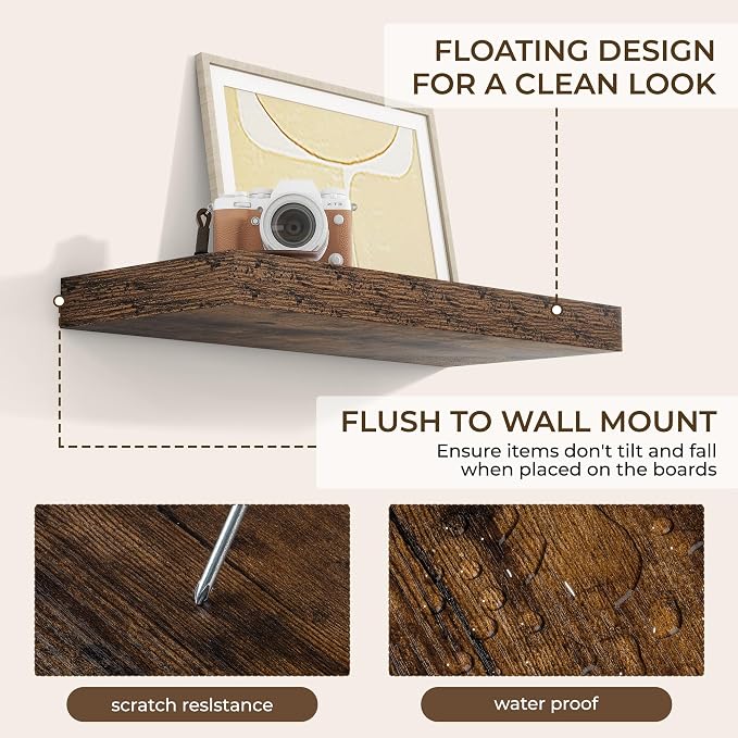 RICHFOCUS 20Inch Floating Shelves for Wall 2 Pack Shelves for Bedroom|Kitchen|Bathroom|Laundry Room Rustic Wood Wall Mounted Shelf with Invisible Brackets for Books|Storage|Decor, Rustic Brown