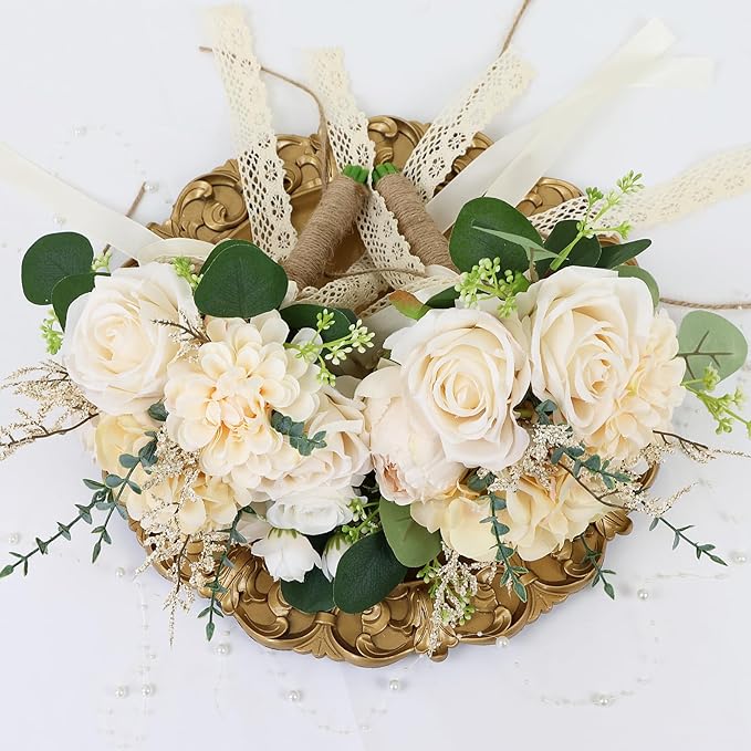Set of 4 Bridesmaid Bouquets for Wedding, 9 Inch Boho Bridesmaid Flowers for Ceremony Anniversary Centerpieces Decorations, Artificial Rose Bouquets Romantic - Beige