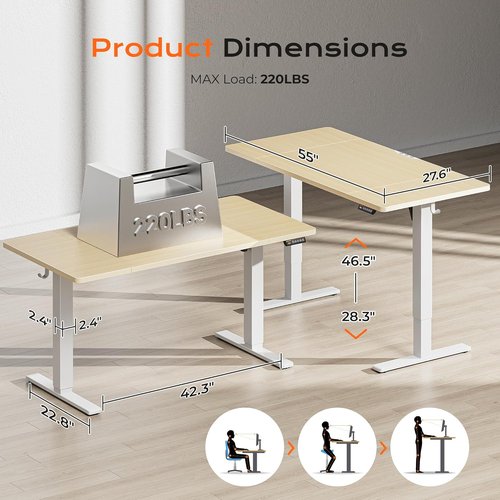 Huuger Large Electric Standing Desk - Height Adjustable with 3 Preset Heights | 55 x 28 Inch Maple Desktop