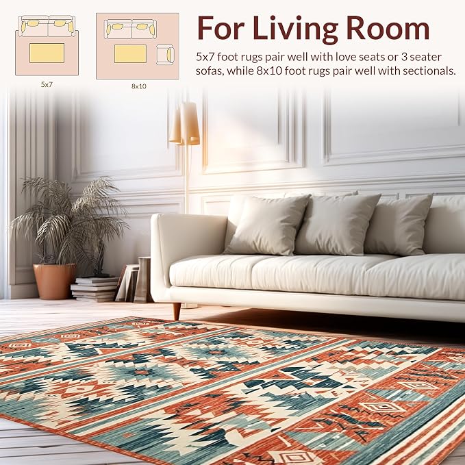 Flatwoven High Traffic Area Rug 8x10, Dynamic Tribal Inspired Design with Bold Shapes and Color Contrast, Non Slip, Stain Resistant, Washable Area Rugs for Living Room, Bedroom (Red, 8x10)