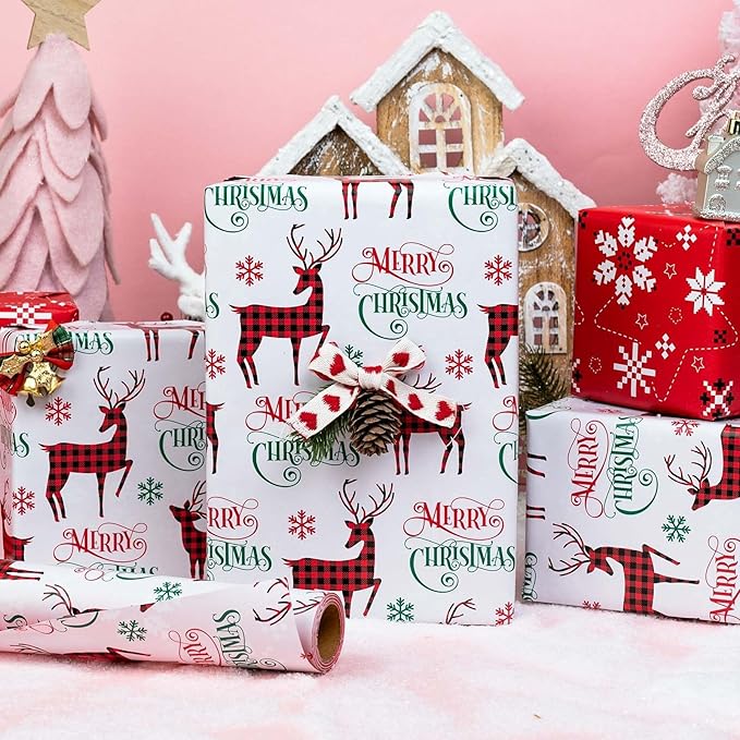 MAYPLUSS Christmas Wrapping Paper Roll - 17IN X 33FT - Gift Wrapping Paper Featuring Merry Christmas Reindeer Reversible Snowflake for Kids, Holiday, New Year