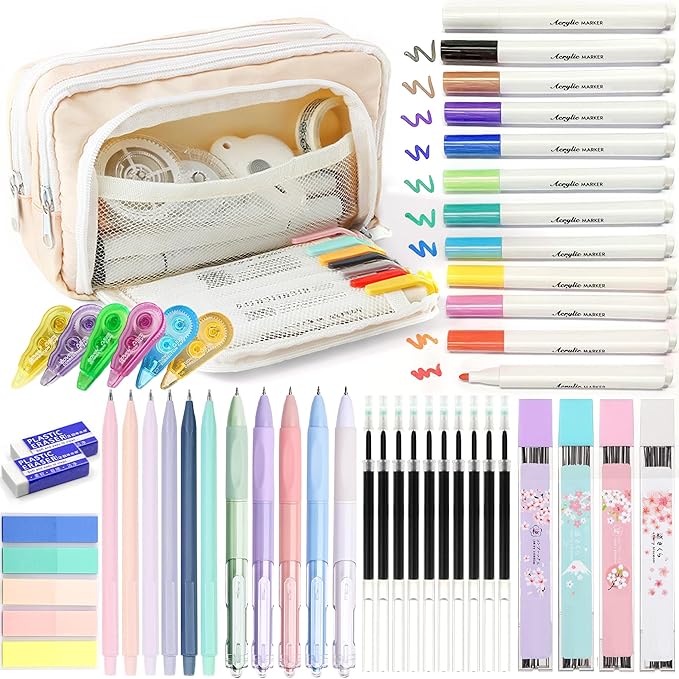 Ristpal 42 PCS Aesthetic School Supplies with Large Pencil Case, 12 Marker Pens with box, 5 Black Ink Gel Pens, 6 Mechanical Pencils Set, Sticky Notes, Complete Essentials Stationery Kit for Students