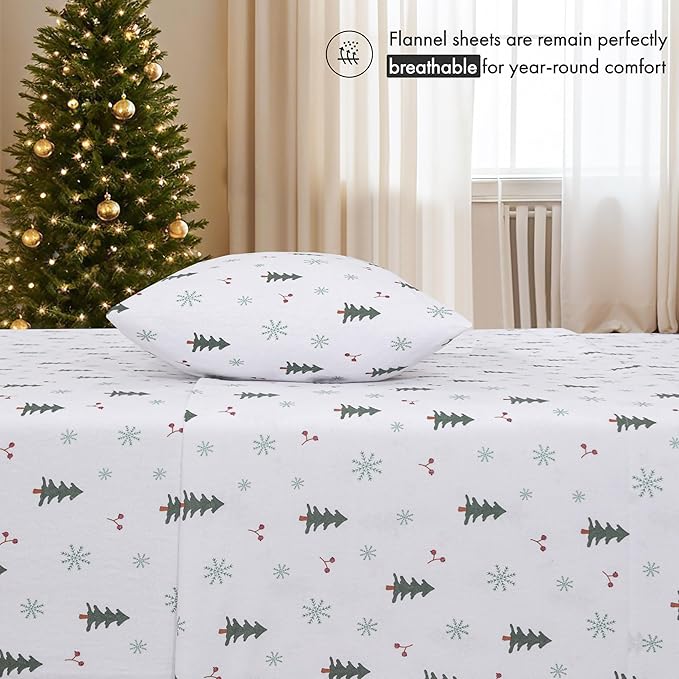 RUVANTI Flannel Sheets Twin XL Size - 100% Cotton Double Brushed Twin XL Sheet Sets, Deep Pockets 16 Inches, All Seasons Breathable & Extra Soft Bed Sheets, Warm & Cozy, 3 Piece, Berry & Pine