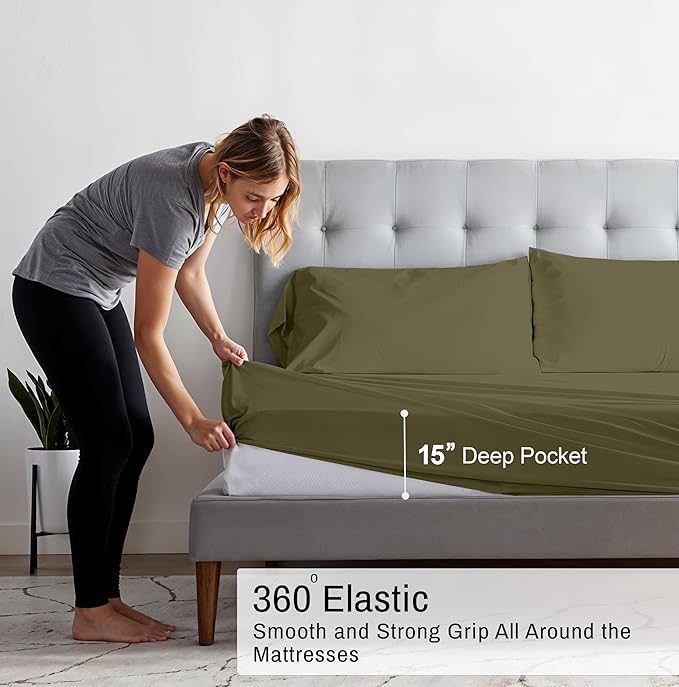 RUVANTI 100% Organic Cotton Sheets Full Size, Percale Weave, GOTS Certified, 4-Piece Set, Deep Pocket 15", Crisp & Breathable, Soft Durable Bedding, Sábanas Algodón Orgánico – Olive