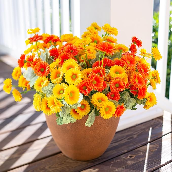 HyeFlora Dahlia Artificial Winter Flowers for Outdoors Christmas Decoration, 6 Bundles Fake Daisy Faux Plants Realistic UV Resistant Silk Flowers for Outside Planter Yard Garden Home, Orange Yellow