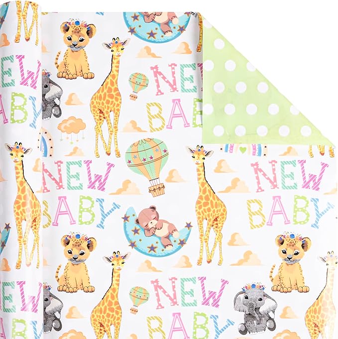 Altarho Reversible Baby Shower Wrapping Paper for Kids Girls Boys - 17 Inch x 33 Feet - Lion Giraffe Animals & New Baby Design for Neutral Baby Shower Party Birthday Holiday