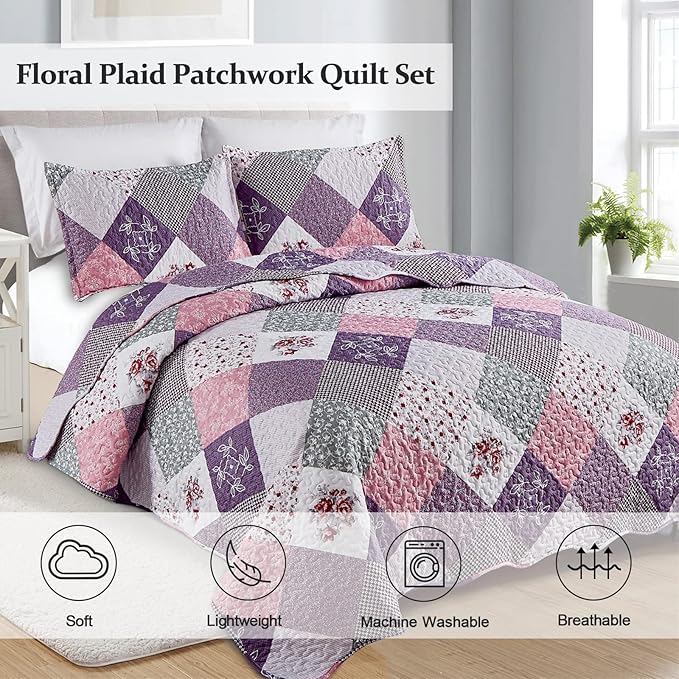 Dinjoy Purple Quilt Set California King Size, Reversible Floral Plaid Patchwork Pattern Bedding Set Soft Microfiber Lightweight Bedspread 3 Piece Summer Fall Use(106x96 inches, Cal King)