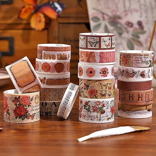 Auguro 18 Rolls Washi Tape Set for Crafts and Journaling DIY Vintage Floral Tape Scrapbooking Supplies washi Tape for journaling Decorative Tape for Crafts