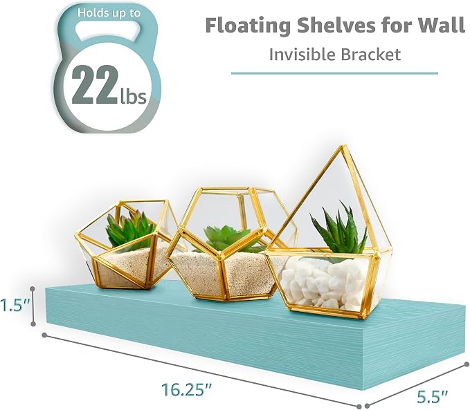 Sorbus Floating Shelves for Wall – 16 Inch Floating Shelf for Kitchen, Bedroom, Living Room, Bathroom, Home & Wall Decor - Mounted Bathroom Shelves with Invisible Brackets (Breezy Blue, 5 Pack)