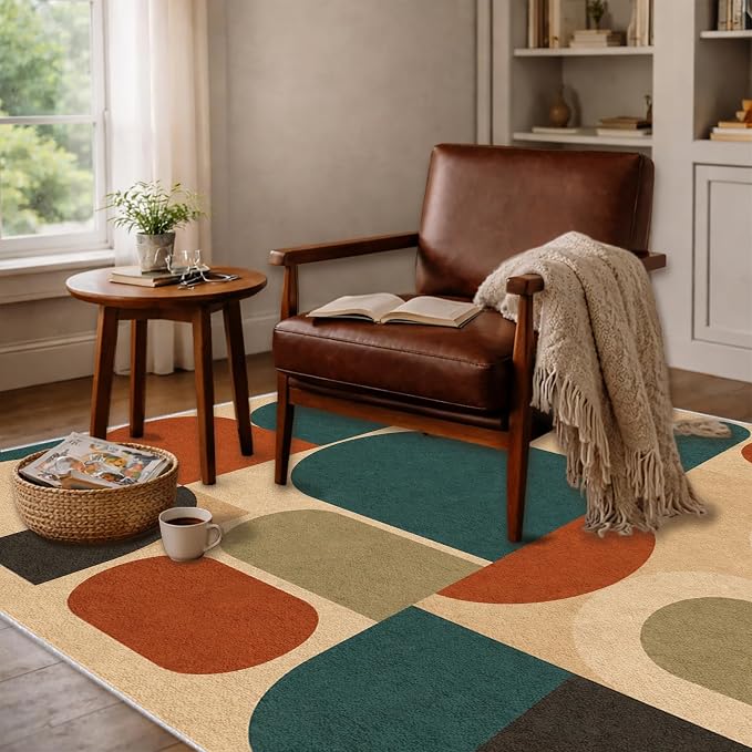 Teal Rust Area Rug 6x9, Mid Century Modern Mosaic Geometric Rug, Retro Abstract Color Block Washable Low Pile Non Slip Rug for Living Room Bedroom