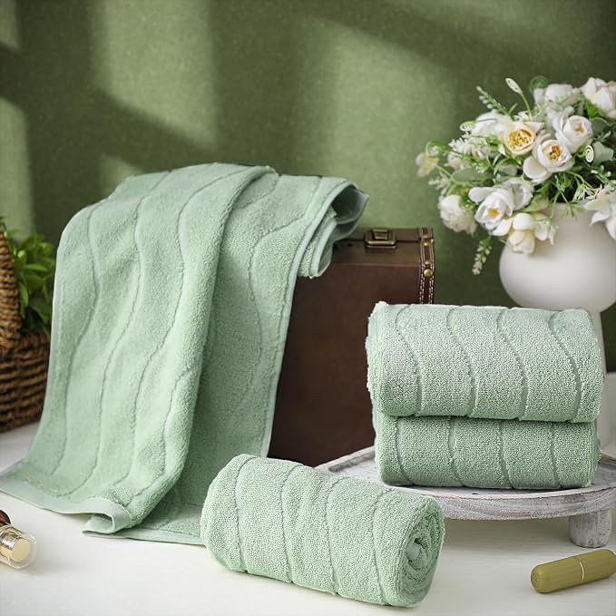 VitalCozy 4 Pcs Bathroom Hand Towels Set Light Green Wavy Striped Jacquard Towels 14x29 Inch 100% Cotton Soft Absorbent Decorative for Guest Bathroom Kitchen
