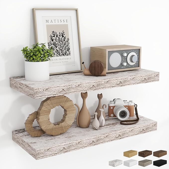 RICHFOCUS 28Inch Floating Shelves for Wall 2 Pack Shelves for Bedroom|Kitchen|Bathroom|Laundry Room Rustic Wood Wall Mounted Shelf with Invisible Brackets for Books|Storage|Decor, Rustic White